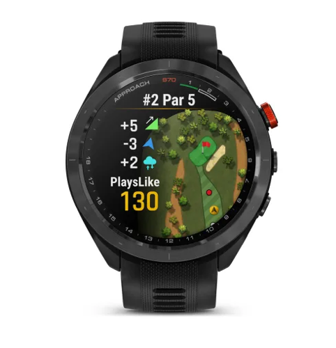 Svart sportklocka visar golfbana med hål 2, par 5, poäng, väderikoner och texten "PlaysLike 130" på färgskärm.