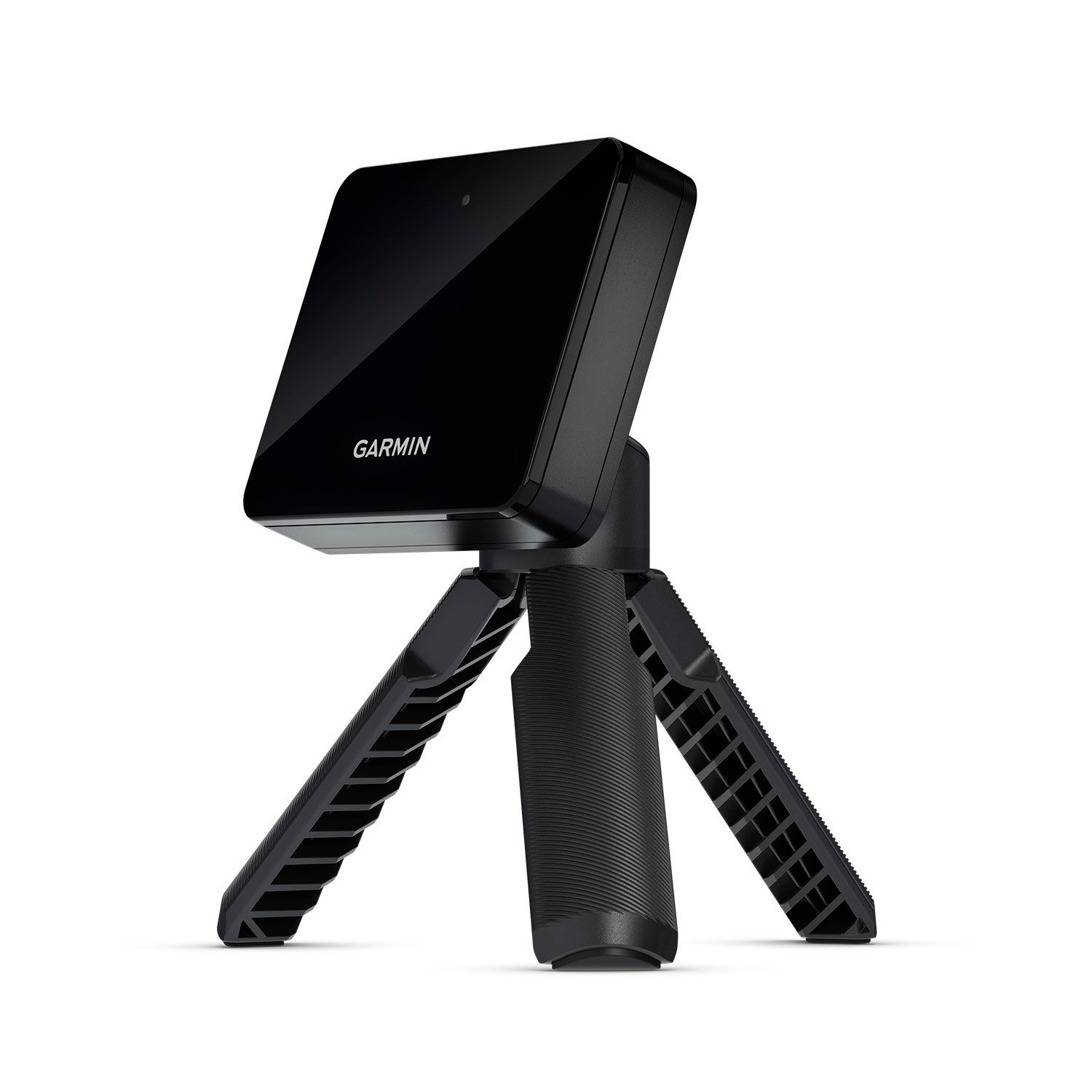 Svart Garmin-kamera monterat på ett kompakt trefotsstativ mot vit bakgrund.