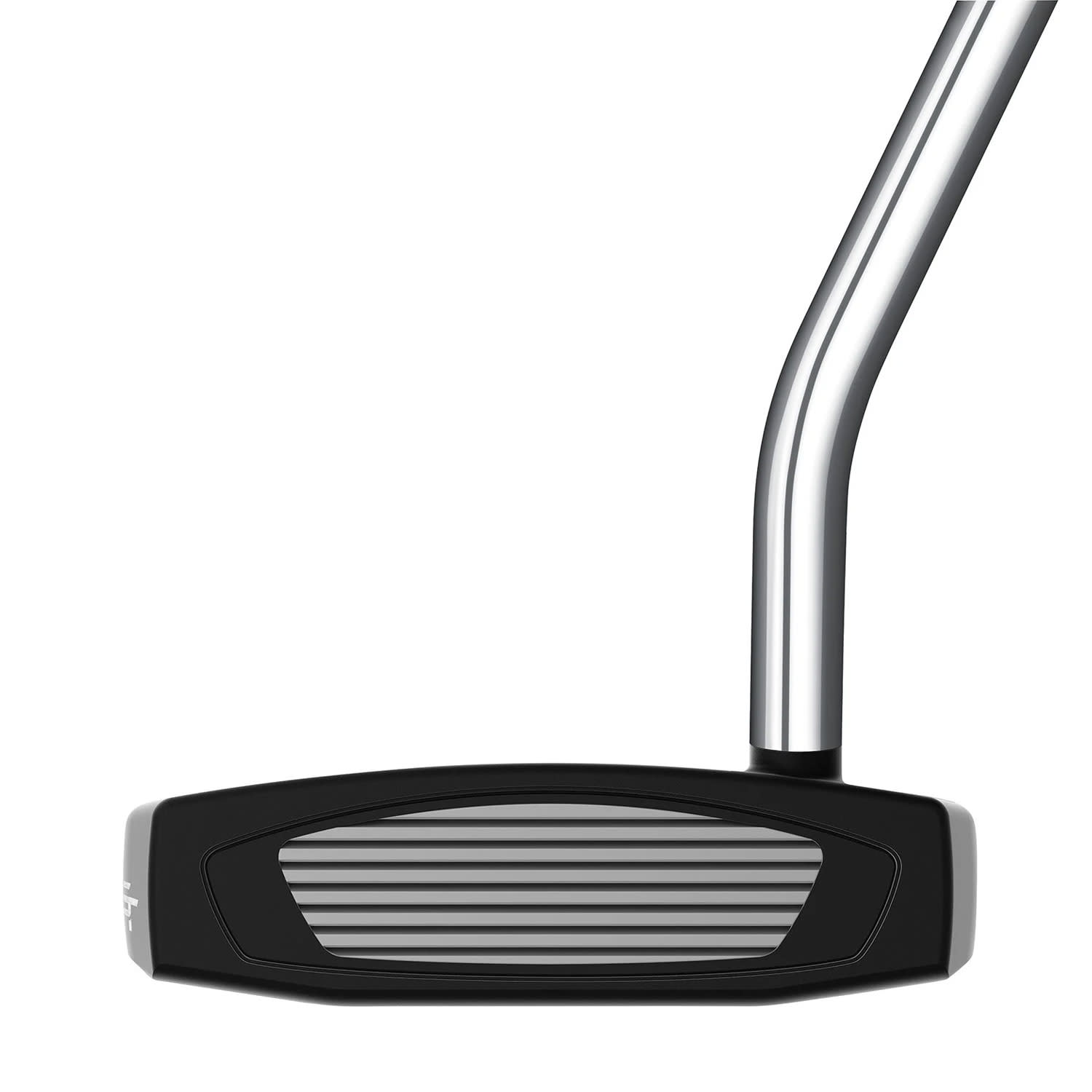 Golfputter med svart klubbhuvud och silverfärgad räfflad träffyta, skaftet är böjt och kromfärgat mot vit bakgrund.

**Rewritten in en-GB:**

Golf putter with a black club head and a silver-coloured, grooved striking face; the shaft is curved and chrome-coloured, set against a white background.