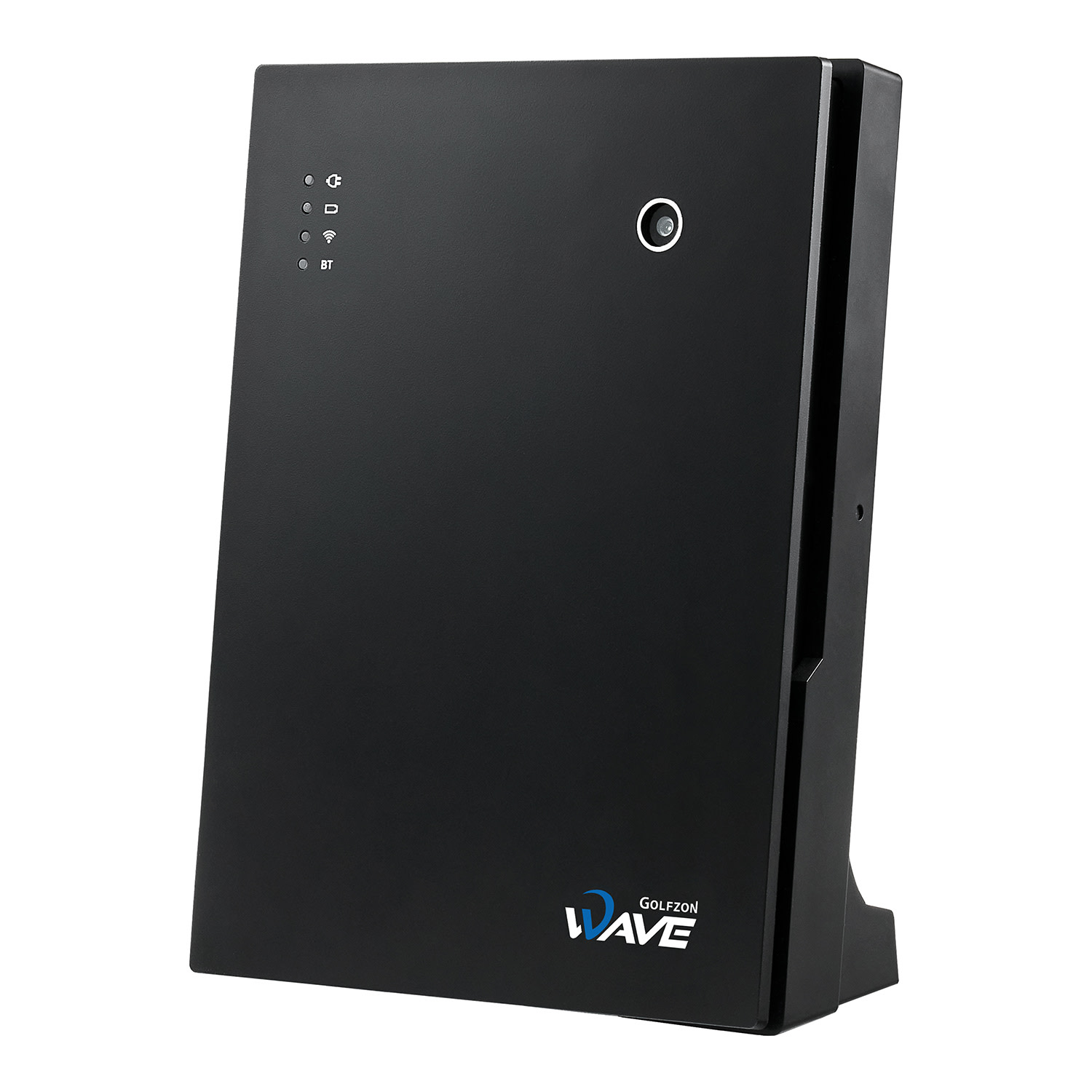 Svart elektronisk enhet med indikatorlampor och texten "GOLFZON WAVE" på framsidan, stående mot vit bakgrund.
