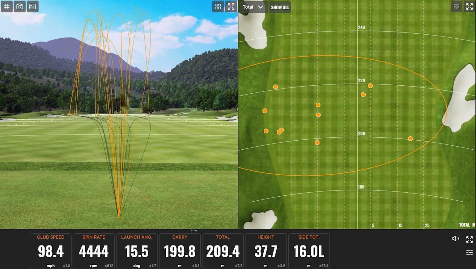 Golfbollars flyktbanor och landningspunkter visas på en simulerad golfbana, med statistik som klubbhastighet 98,4 mph och carry 199,8 m.