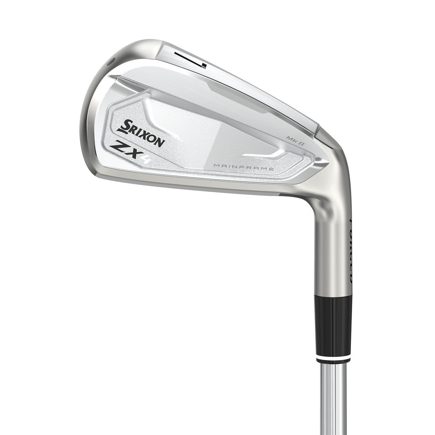 En Srixon ZX4 järnklubba i silver med texten "MAINFRAME" och "FORGED" på klubbhuvudet, mot vit bakgrund.