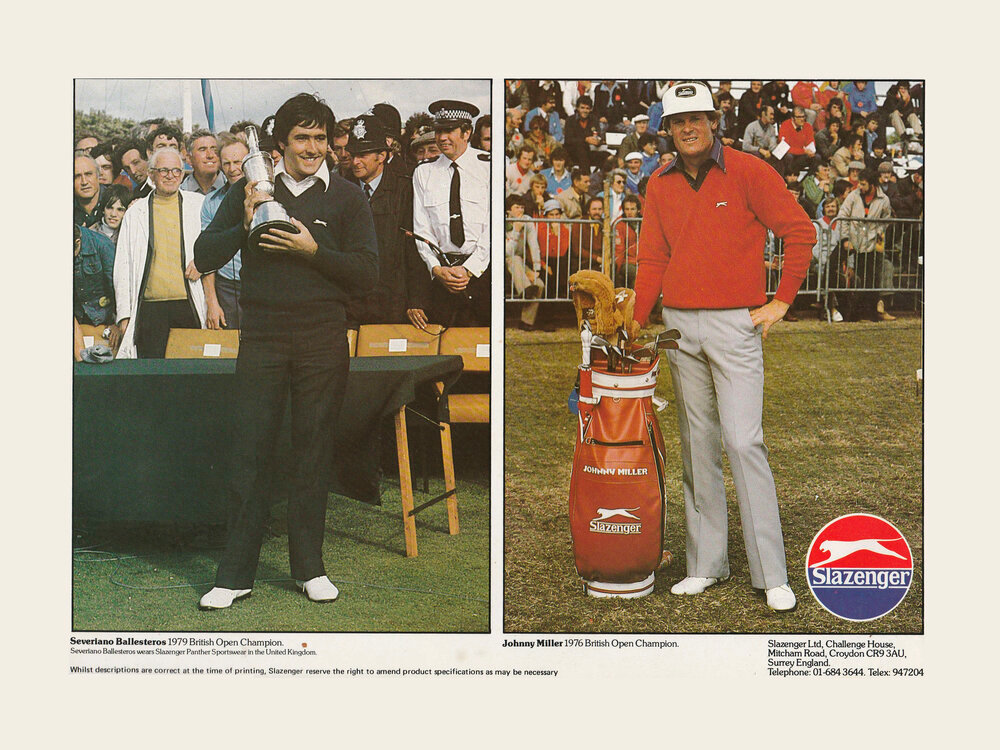 Två golfspelare poserar, en håller en pokal framför publik och den andra står bredvid en golfbag med texten "Johnny Miller" och Slazenger-logotyp.