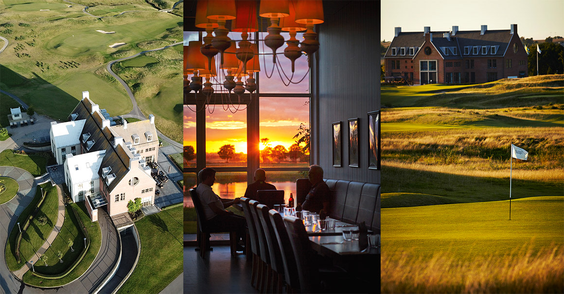 Flygfoto av golfklubbhus och bana, personer som äter middag vid solnedgång, klubbhus och green med flagga i förgrunden.