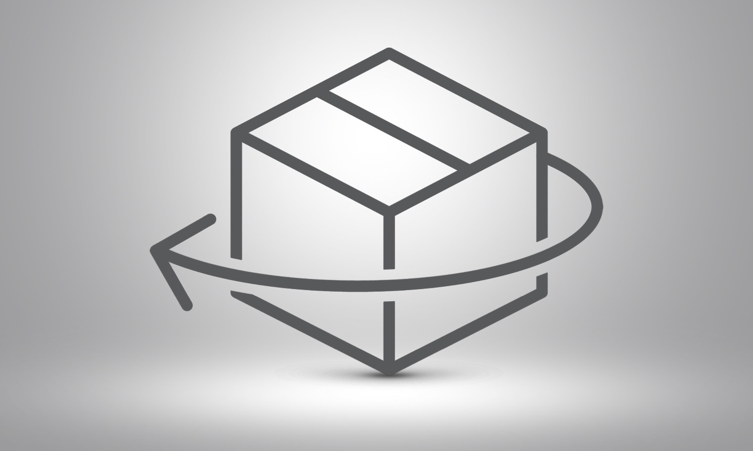 A cube-shaped box with an arrow circling around it, symbolising the return or sending back of a parcel.