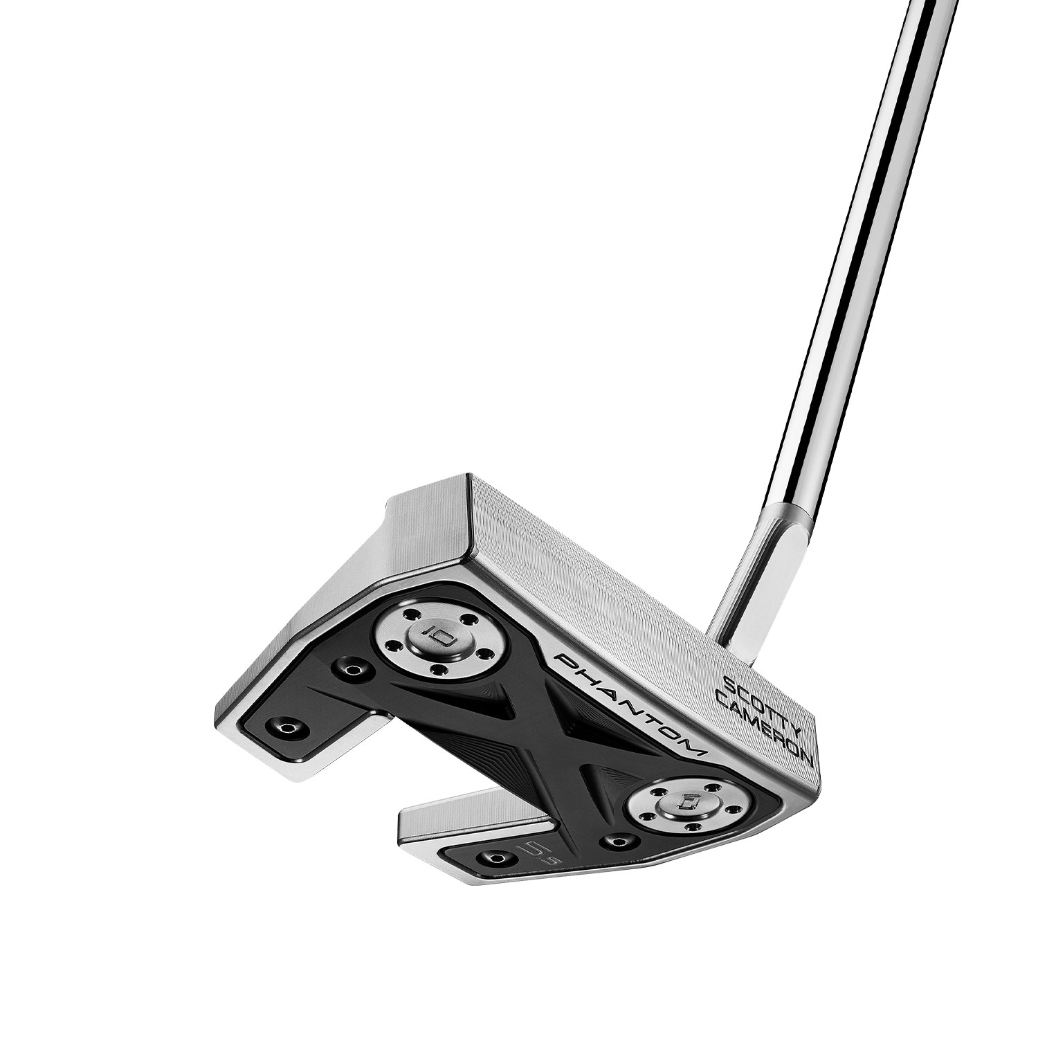 Golfputter av märket Scotty Cameron Phantom X 5, visad i närbild mot vit bakgrund.

Rewritten in en-GB:

A Scotty Cameron Phantom X 5 golf putter, shown in close-up against a white background.