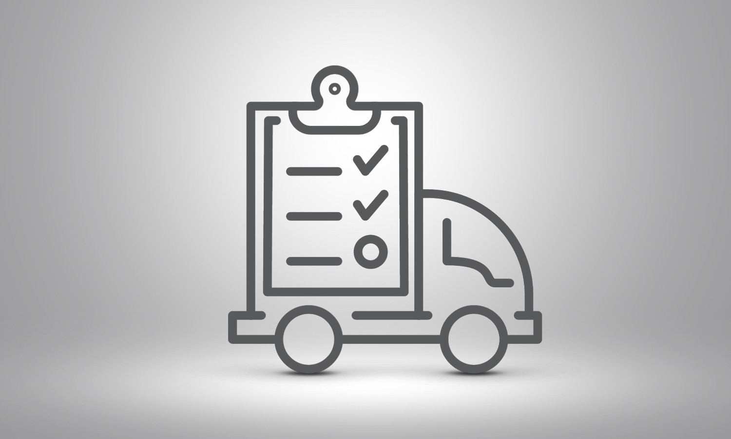 A lorry with a checklist on the flatbed, two ticked rows and an empty circle, on a grey background.