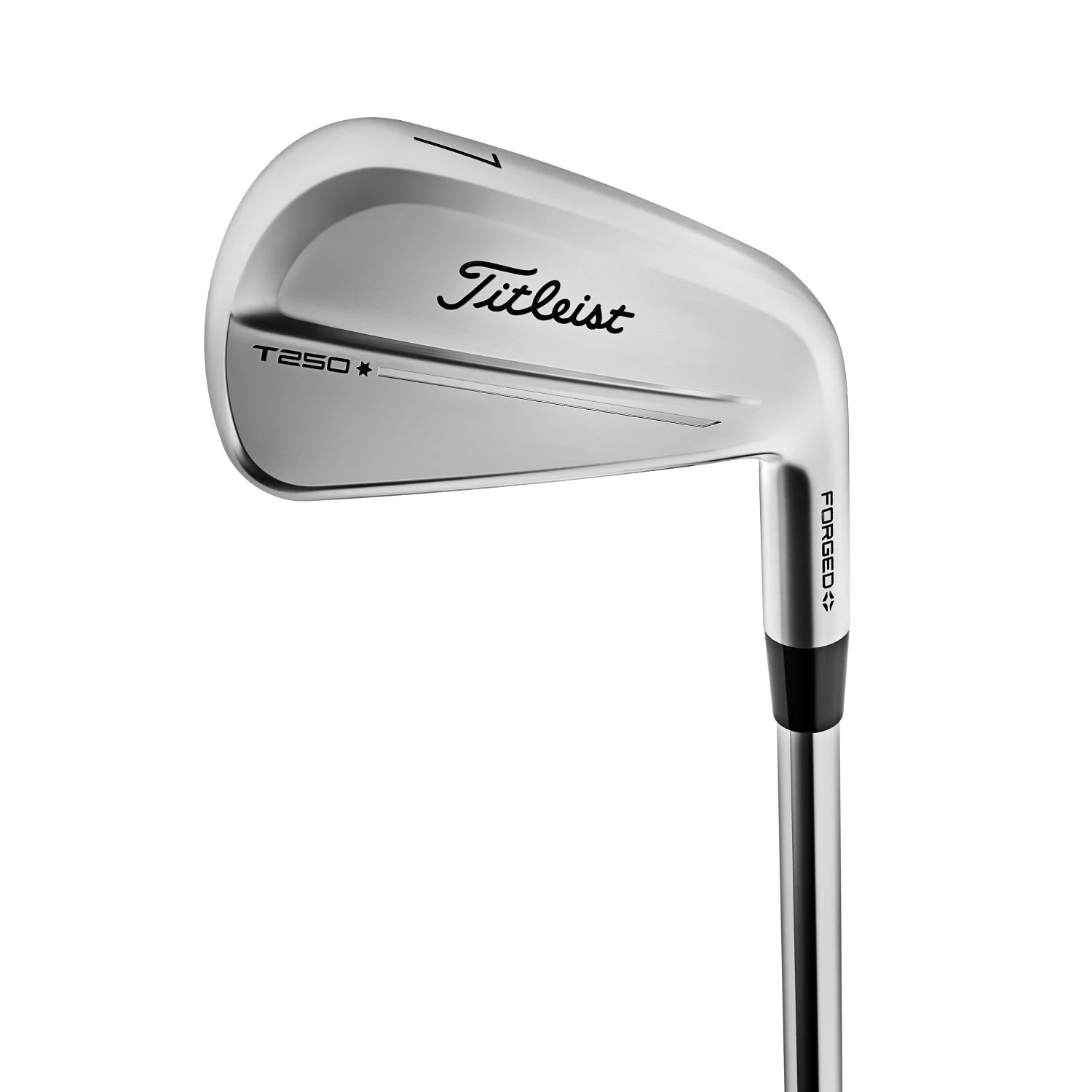 Golfklubba av järnmodell med texten "Titleist T250" och "FORGED" på klubbhuvudet, mot vit bakgrund.