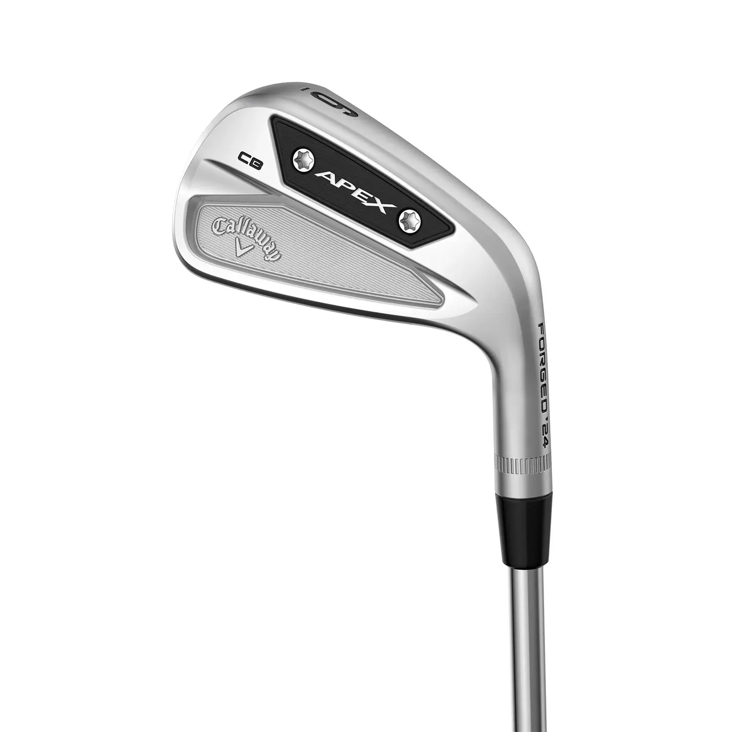 Callaway Apex CB järnklubba i silver med svart detalj, texten "APEX", "CB" och "FORGED 24" syns på klubbhuvudet.