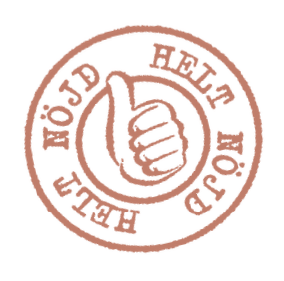 Stämpel med en tumme upp i mitten och texten "HELT NÖJD" runtom i cirkeln.