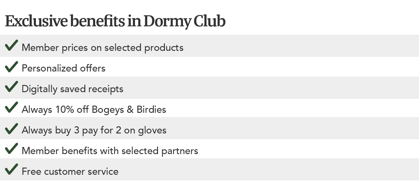 List of exclusive benefits for Dormy Club members, including member prices, personalised offers, and free customer service.
