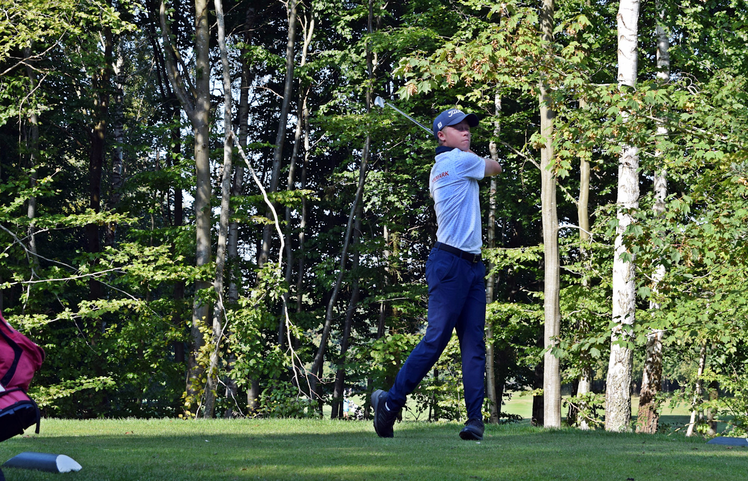 En golfspelare svingar en klubba på en grön golfbana omgiven av träd och skog i bakgrunden.