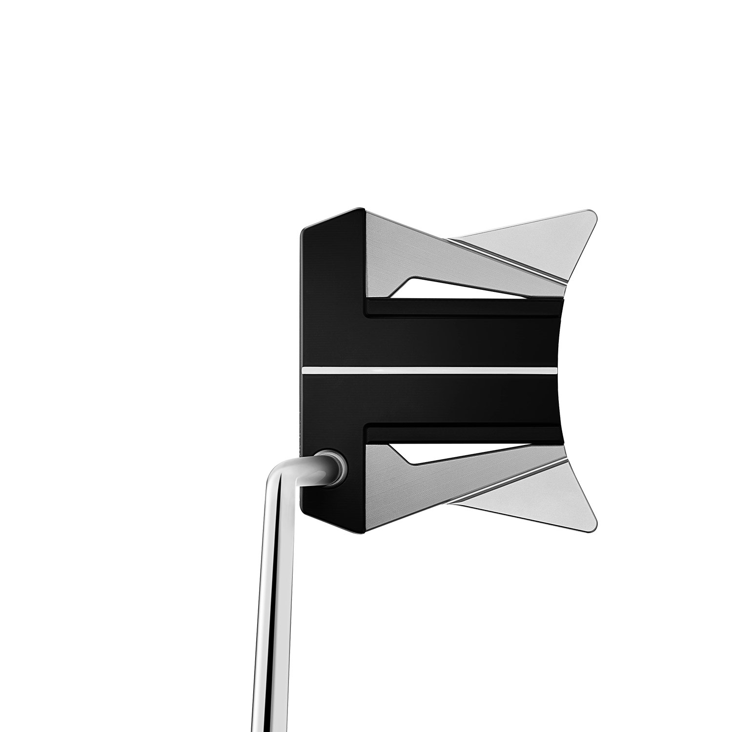 Golfputter med svart och silverfärgat huvud, visad uppifrån mot vit bakgrund.

Rewritten in en-GB:

Golf putter with a black and silver-coloured head, shown from above against a white background.