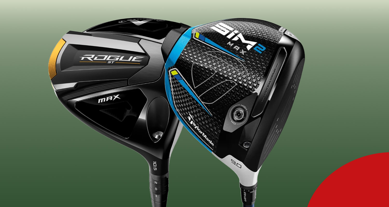 Two golf drivers, a Callaway Rogue ST Max and a TaylorMade SIM2 Max, stand side by side against a green background.