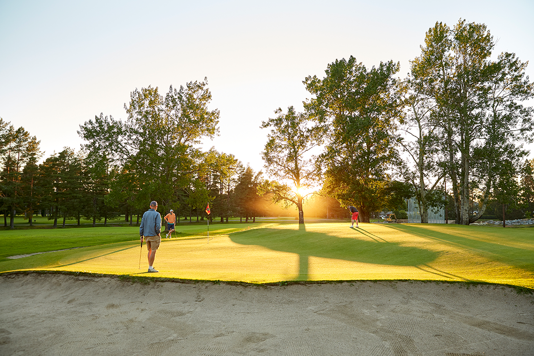 Flera personer spelar golf på en grön bana vid solnedgången, omgivna av träd och sandbunker i förgrunden.