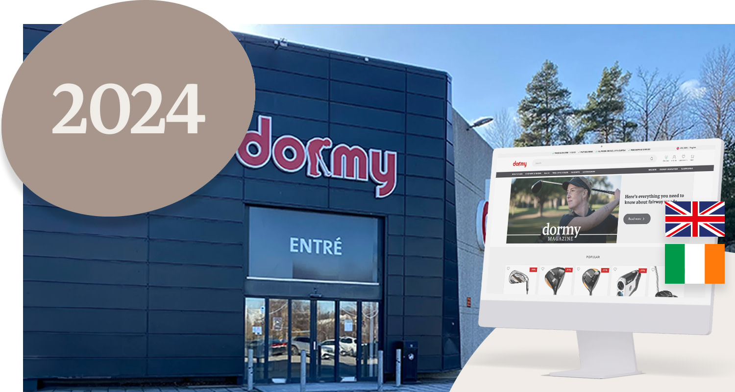 The facade of a Dormy shop with entrance door, large text "2024", a computer screen displaying Dormy's online shop, and British and Irish flags.