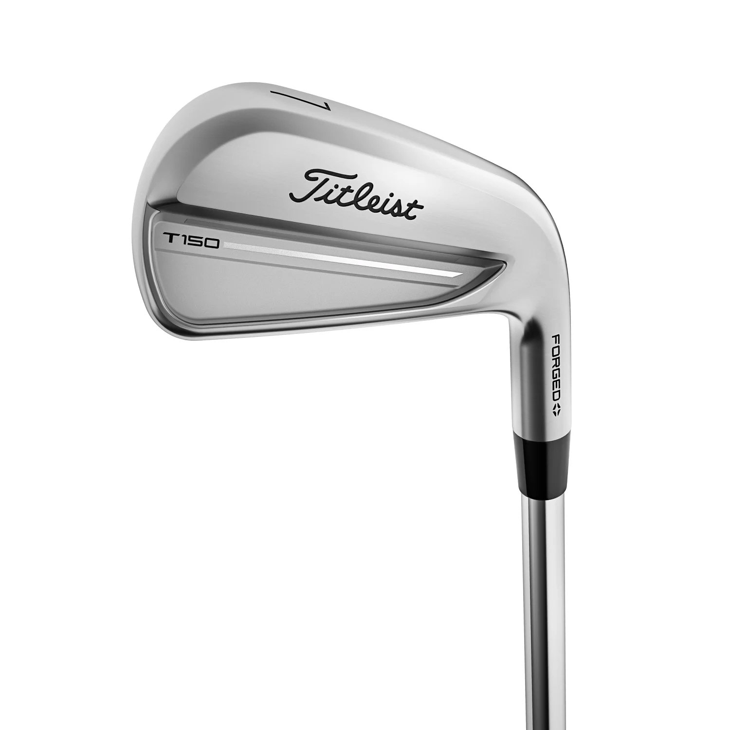 Närbild på en Titleist T150 smidd järnklubba i silverfärg, med texten "FORGED" på hoseln.