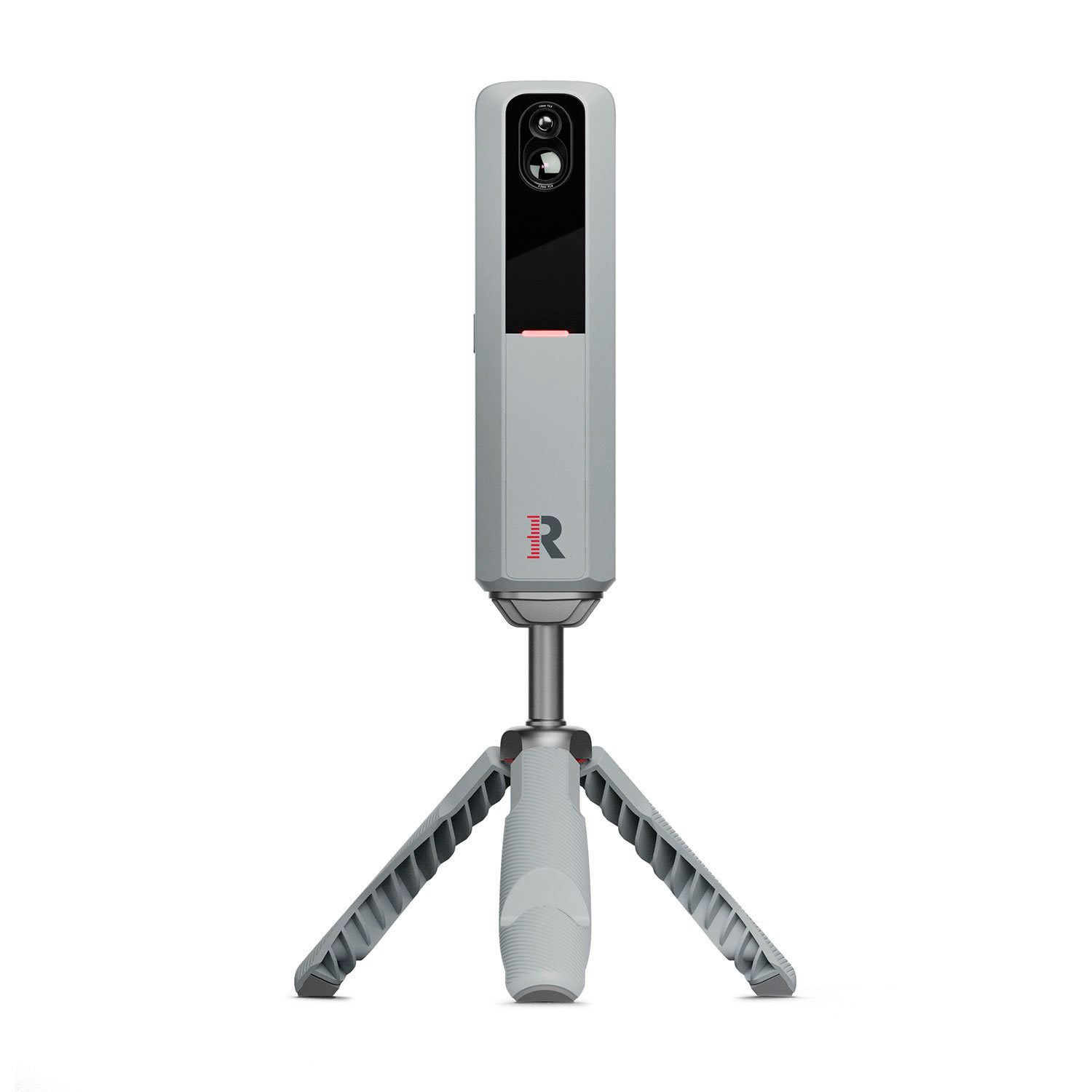 Grå rektangulär kamera med svart lins monterad på ett kompakt, utfällt trebensstativ mot vit bakgrund.