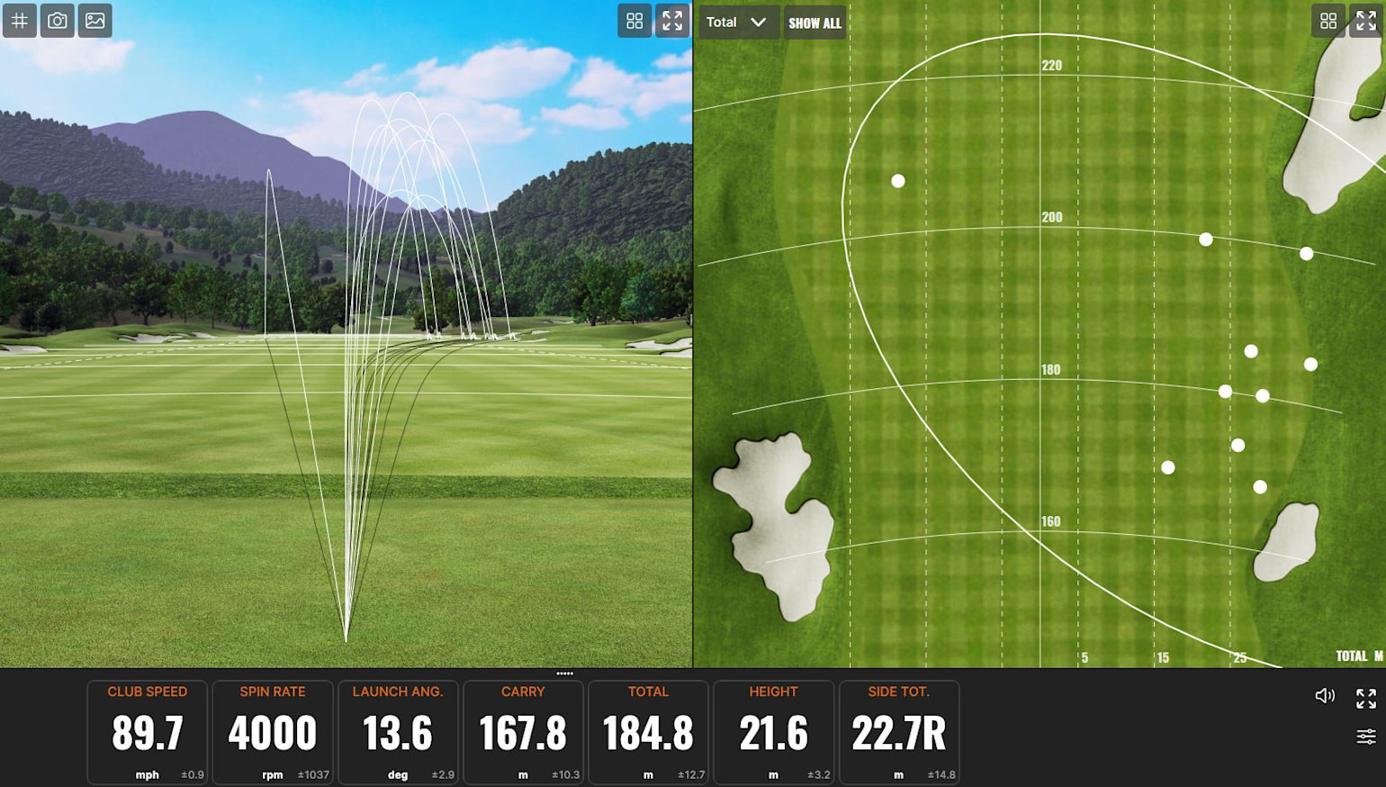 Golfbollars flyktbanor visas på en virtuell driving range, med statistik som klubbhastighet 89,7 mph, spinn 4000 rpm och carry 167,8 m.