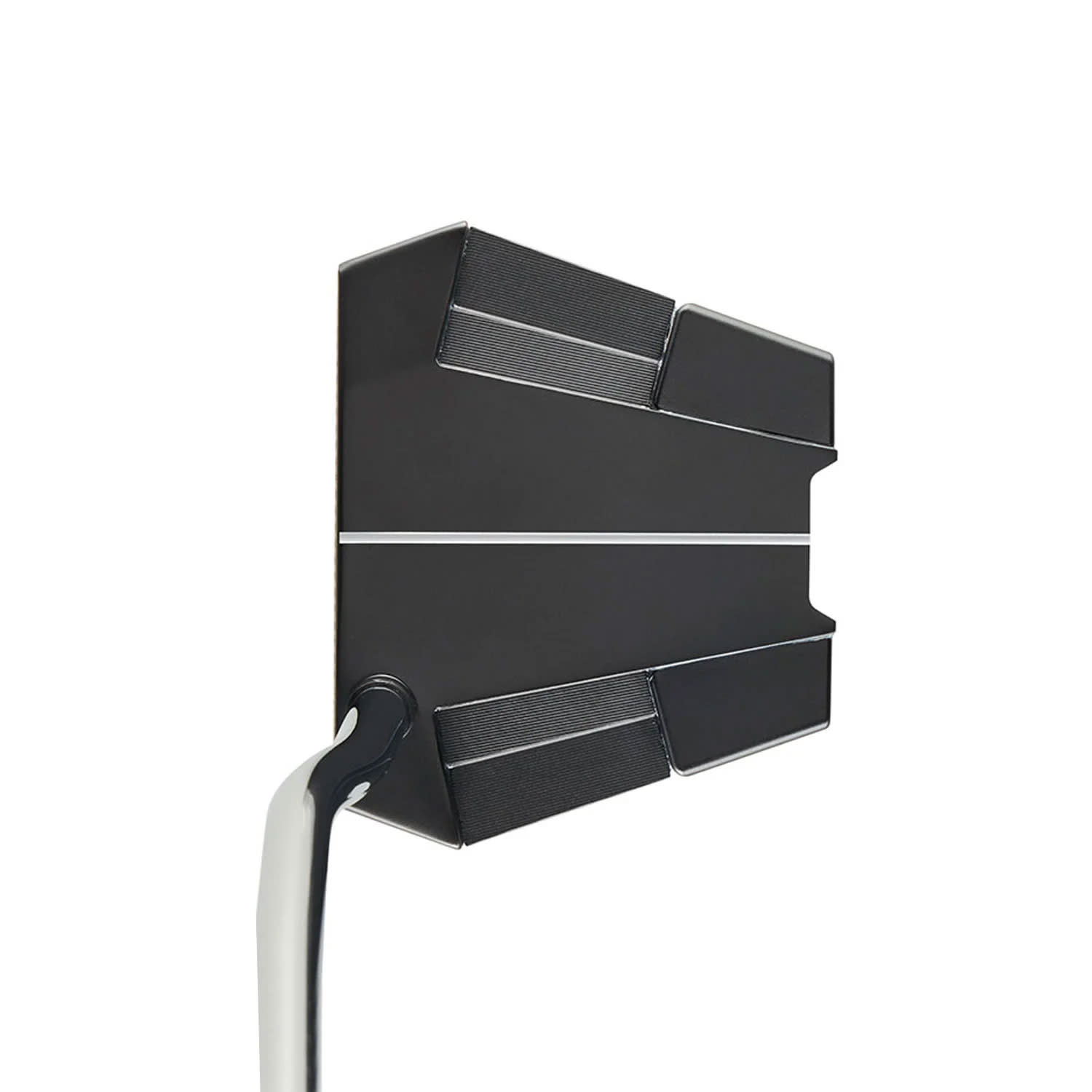 Black golf putter with a rectangular head and white alignment lines, steel shaft visible to the left.