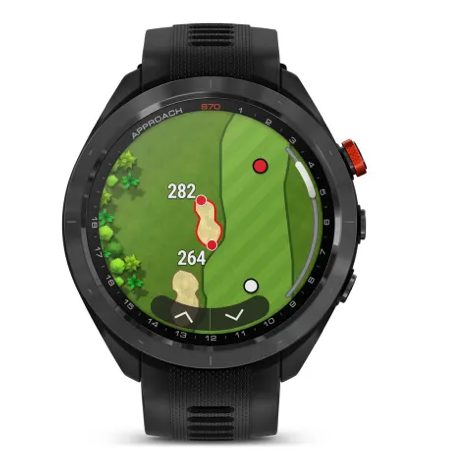 Svart smartklocka visar golfbana med avståndsangivelser 282 och 264 meter till hinder, samt golfhål och flagga.