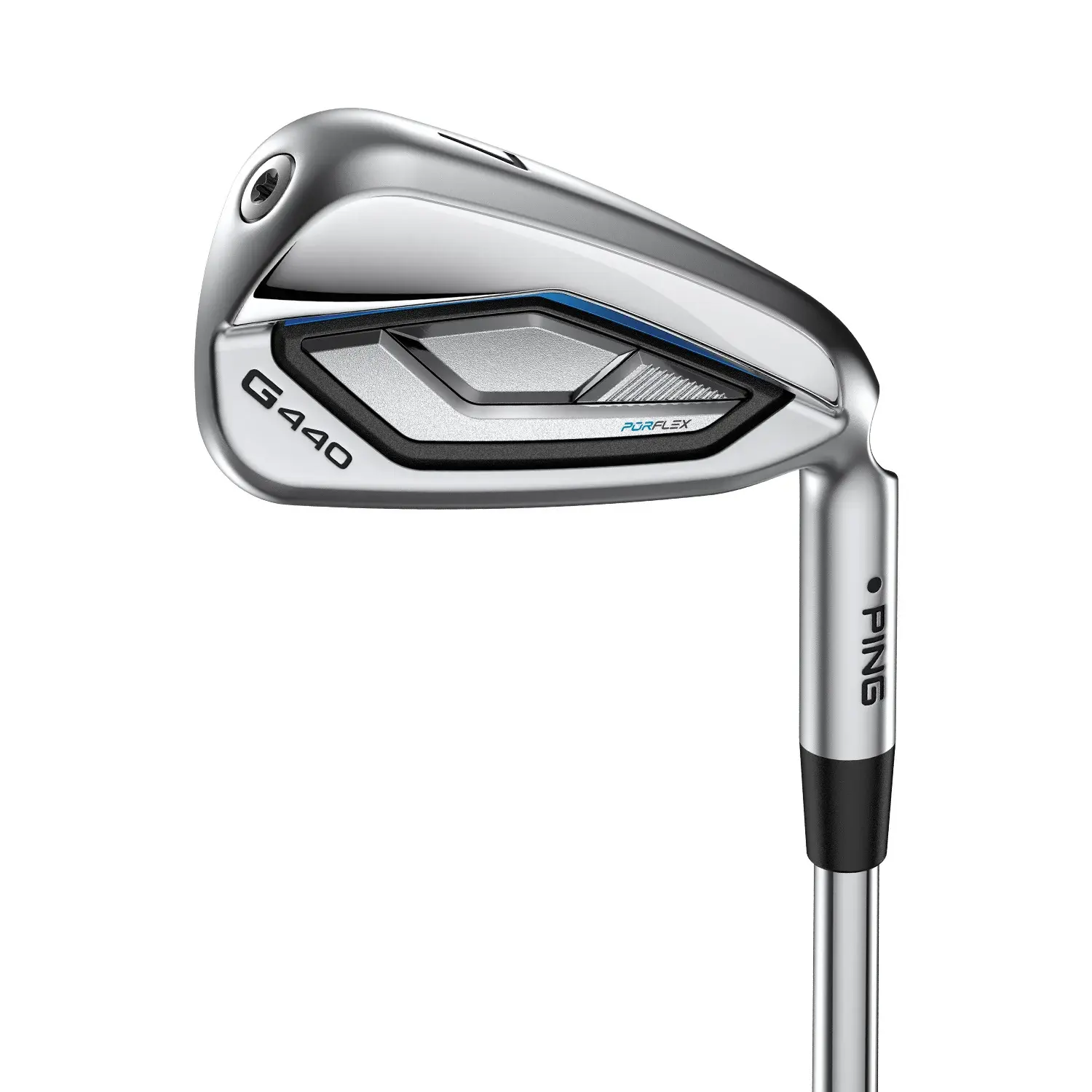 Golfklubba PING G440 järnklubba i silver med svart och blå detaljer, texten "G440" och "PING" synlig på klubban.