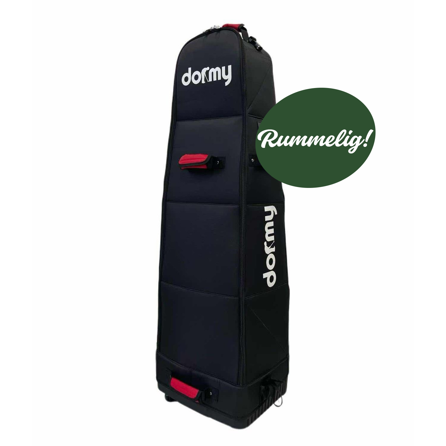 Sort golfrejseetui med hvid tekst "dormy" og røde håndtag, står oprejst mod hvid baggrund.