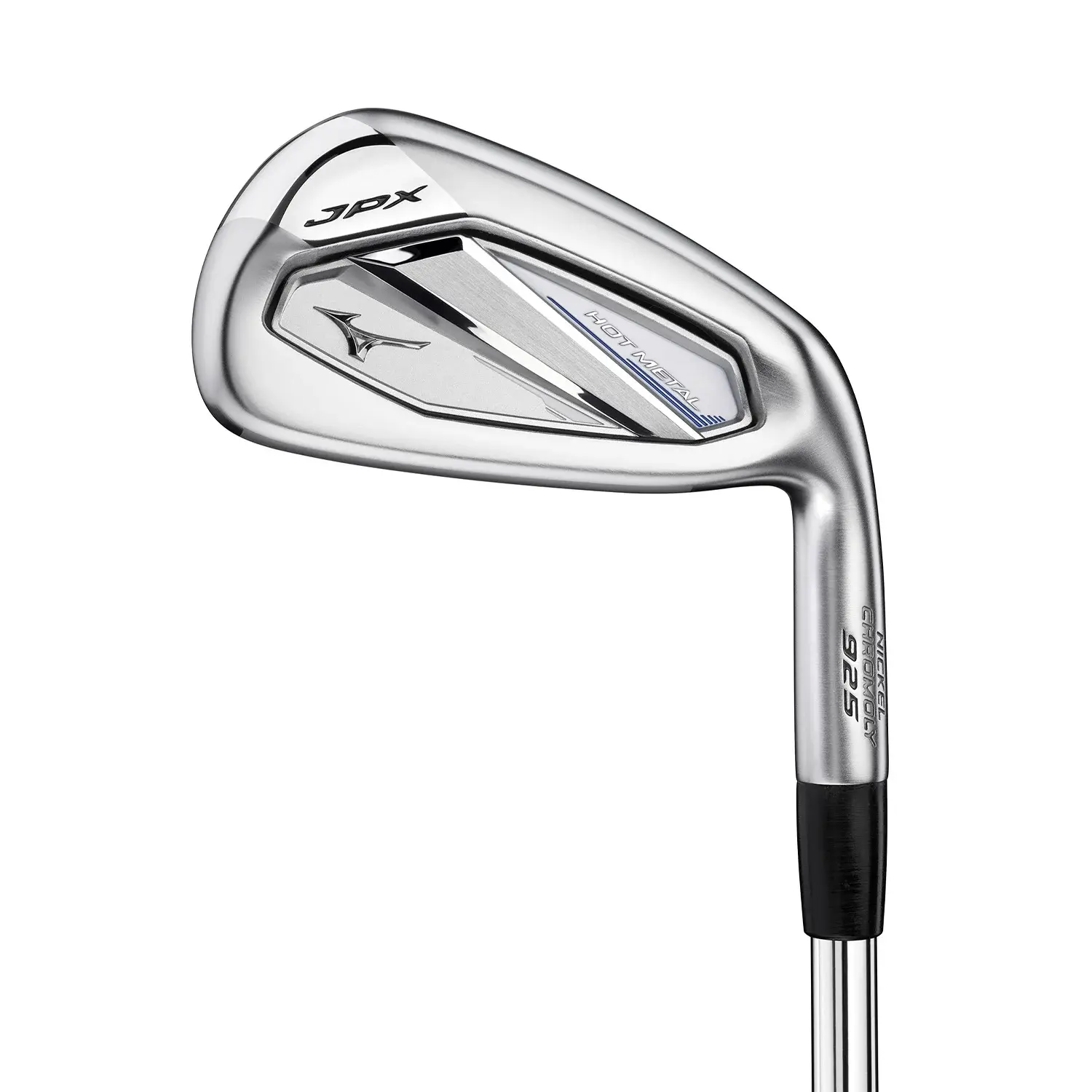 Golfklubba Mizuno JPX 925 Hot Metal järnklubba i silver med svart och blå detaljer, visad mot vit bakgrund.