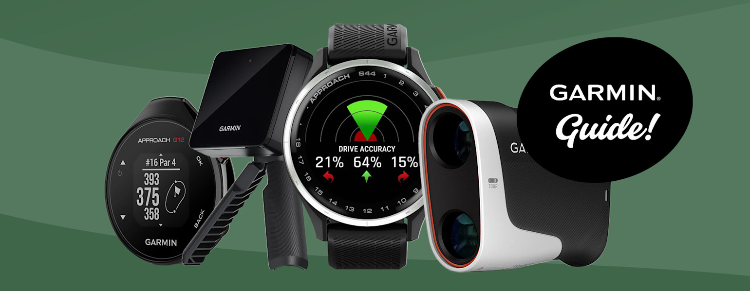Fyra Garmin golfprodukter visas mot grön bakgrund, med texten "GARMIN Guide!" i en svart cirkel till höger.