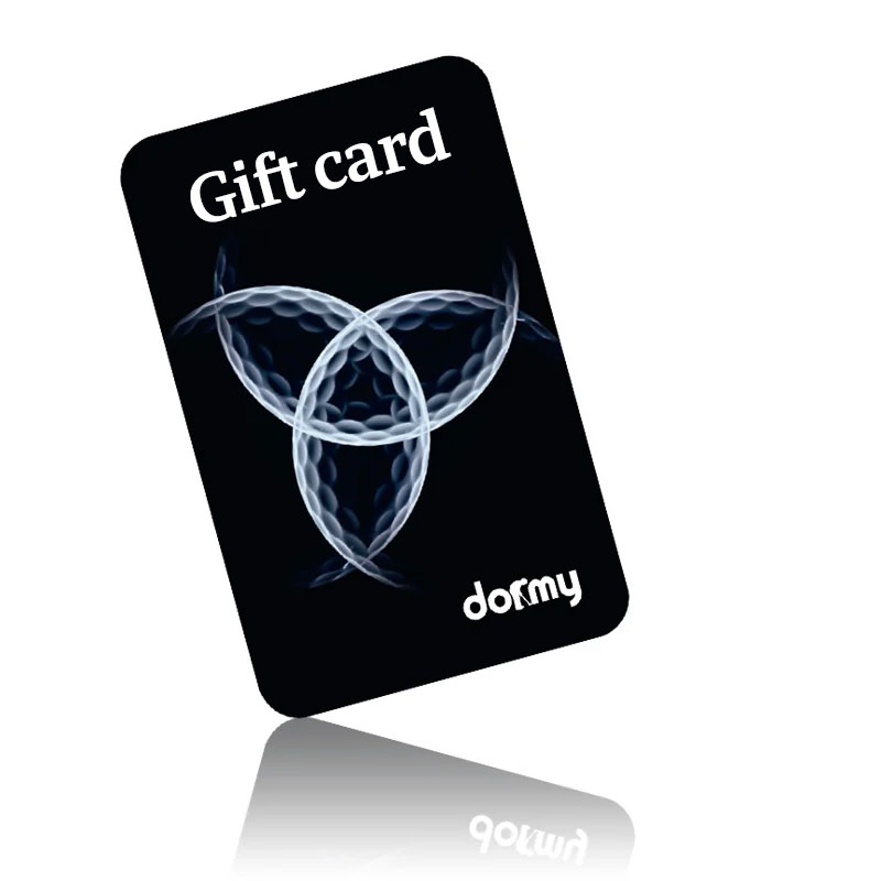 Gift card featuring the text "Gift card" and "dormy", along with a pattern of three interlinked circles on a black background.
