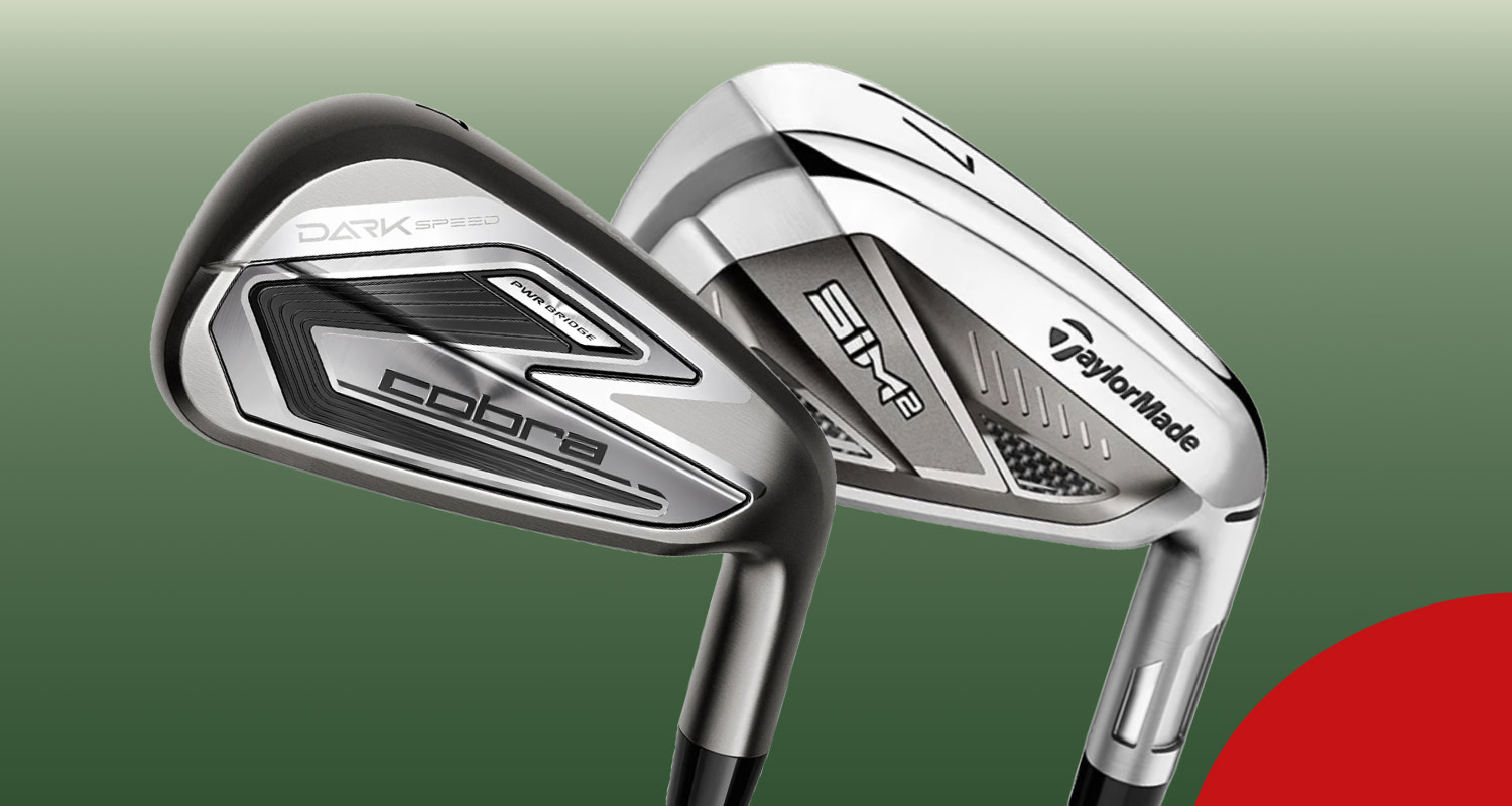 Two golf clubs, a Cobra Dark Speed and a TaylorMade SIM2, are displayed against a green background.