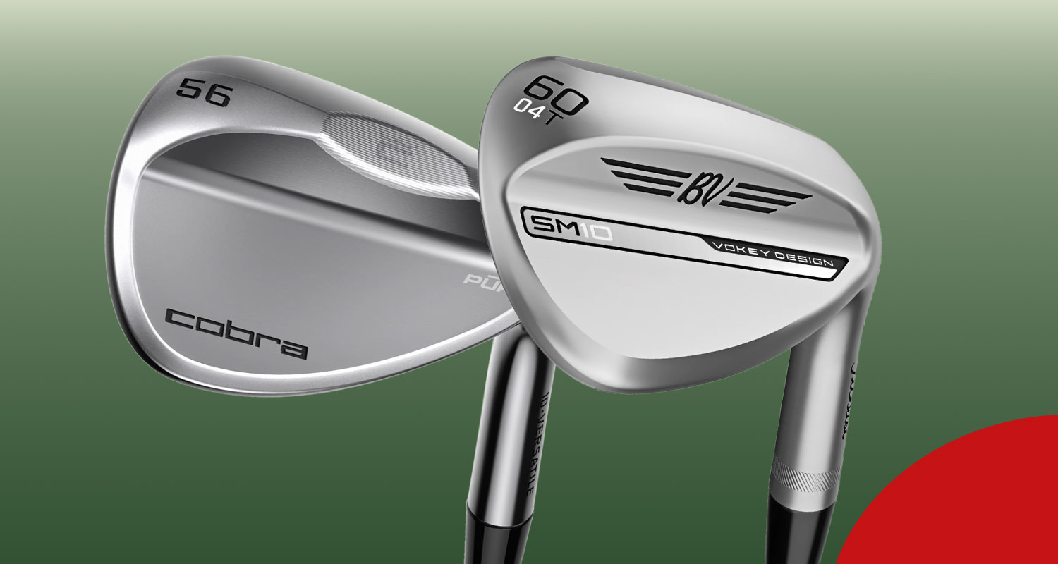 Two golf clubs, a Cobra 56-degree wedge and a Vokey Design SM10 60-degree wedge, against a green background.