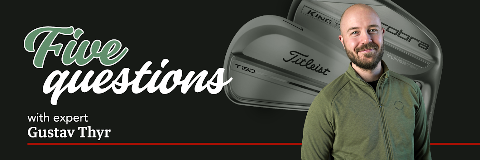 Man in a green jumper smiles in front of large golf clubs, with the text "Five questions with expert Gustav Thyr".