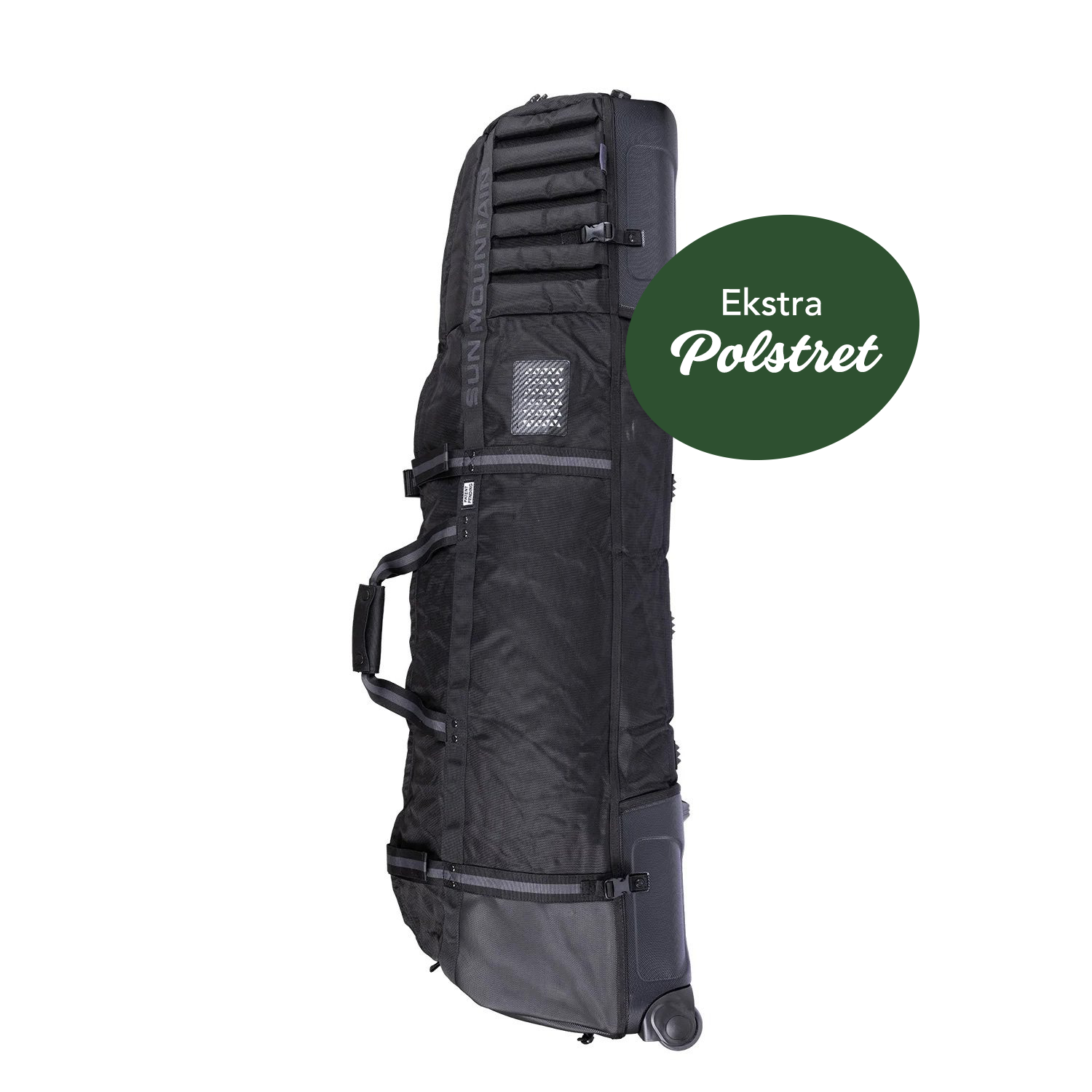 Sort skitaske med hjul og håndtag, mærket med teksten "SUN MOUNTAIN", står oprejst mod hvid baggrund.