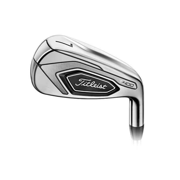 En Titleist T400 järnklubba i silver med svart detalj och vit logotyp, visad mot vit bakgrund.