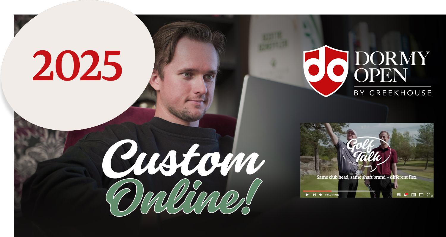 A person is sitting at a laptop. The text "2025", "Custom Online!", "Dormy Open by Creekhouse", and "Golf Talk with Dormy" can be seen in the image.