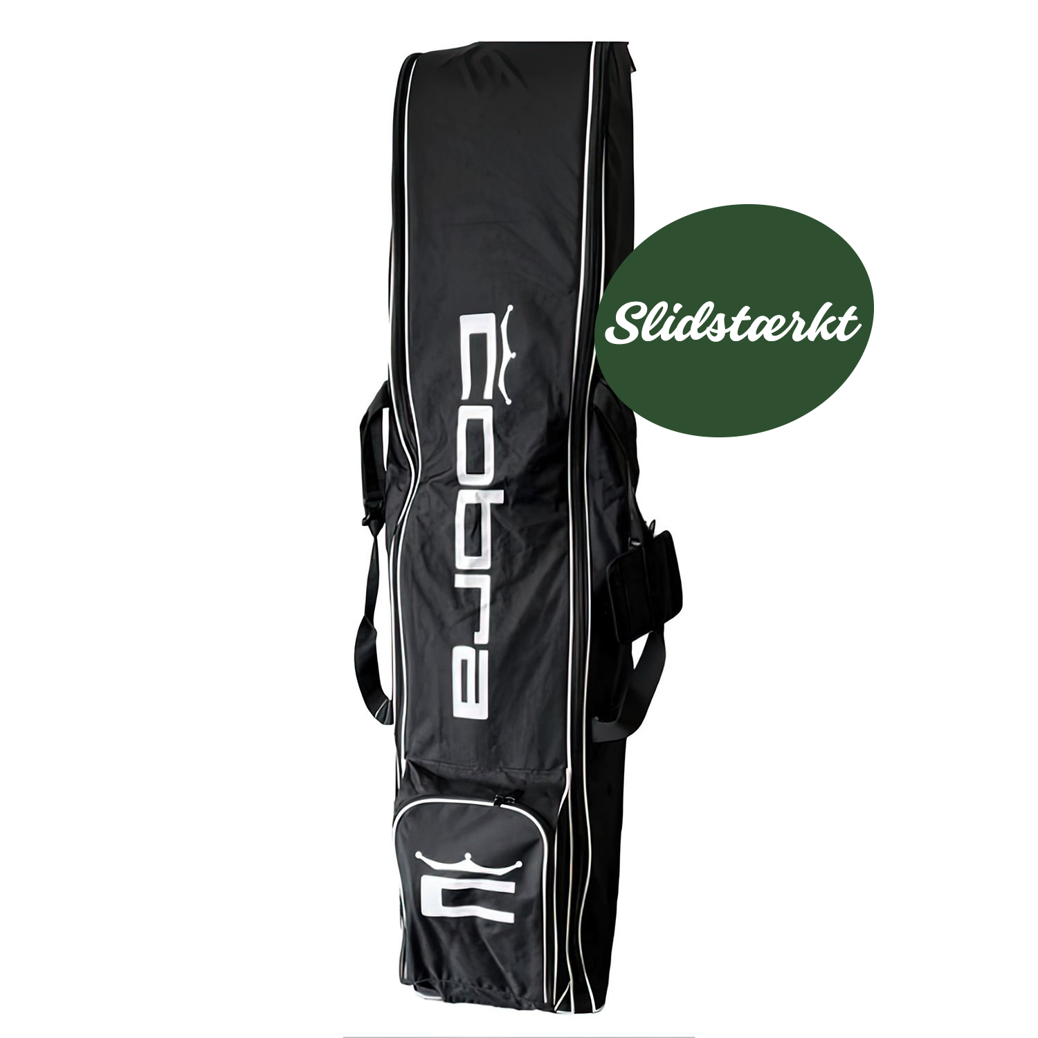 Sort golfbag med hvid tekst "Cobra" og logo, udstyret med bærehåndtag og lomme med lynlås.
