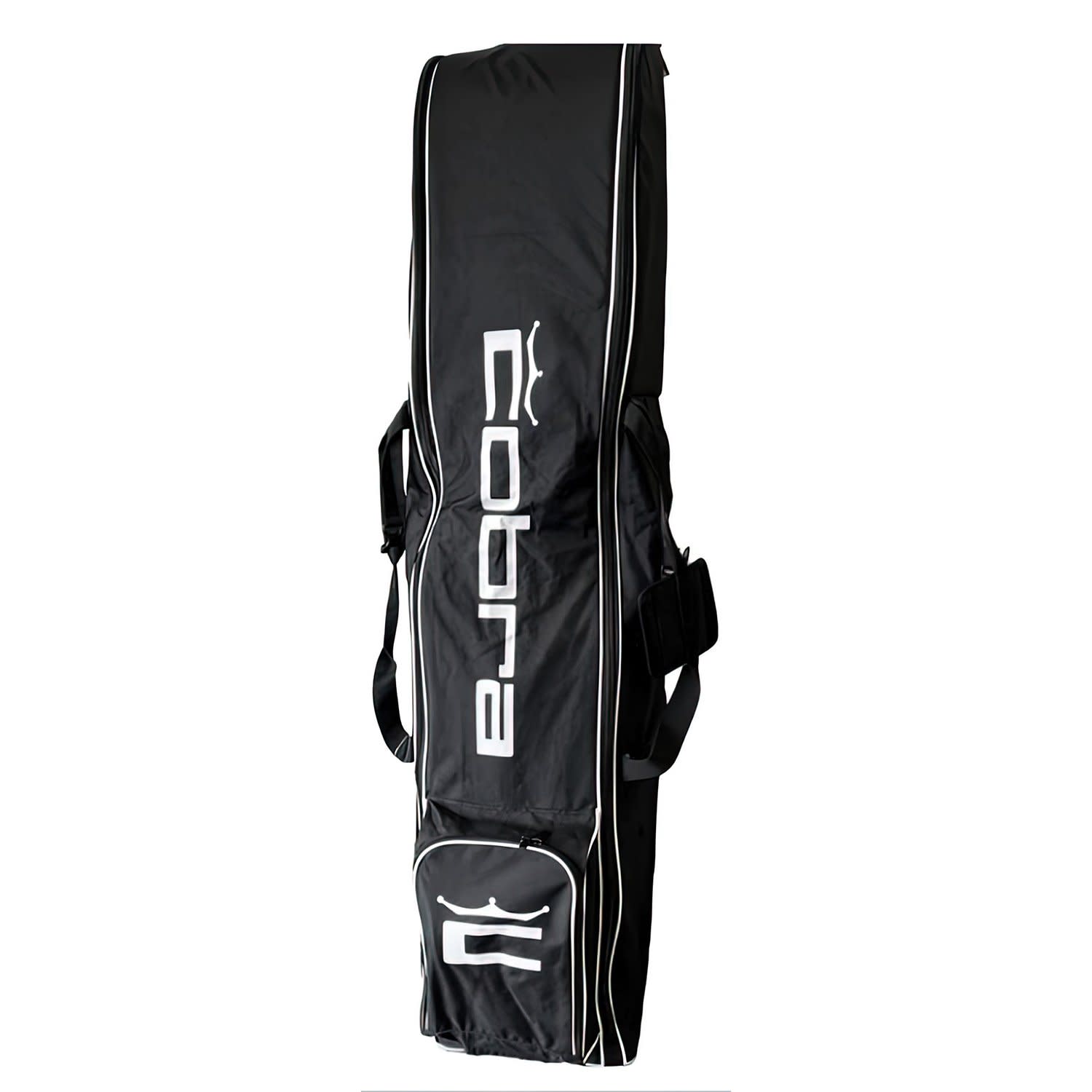 Black golf bag with white "Cobra" text and logo, equipped with a carrying handle and a zippered pocket.