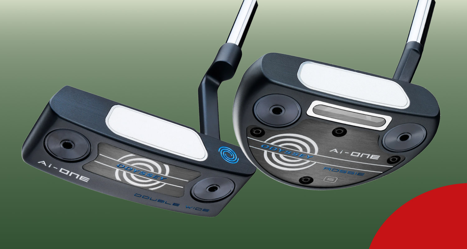 Two Odyssey Ai-One golf putters are shown against a green background, with visible markings and white striking faces.