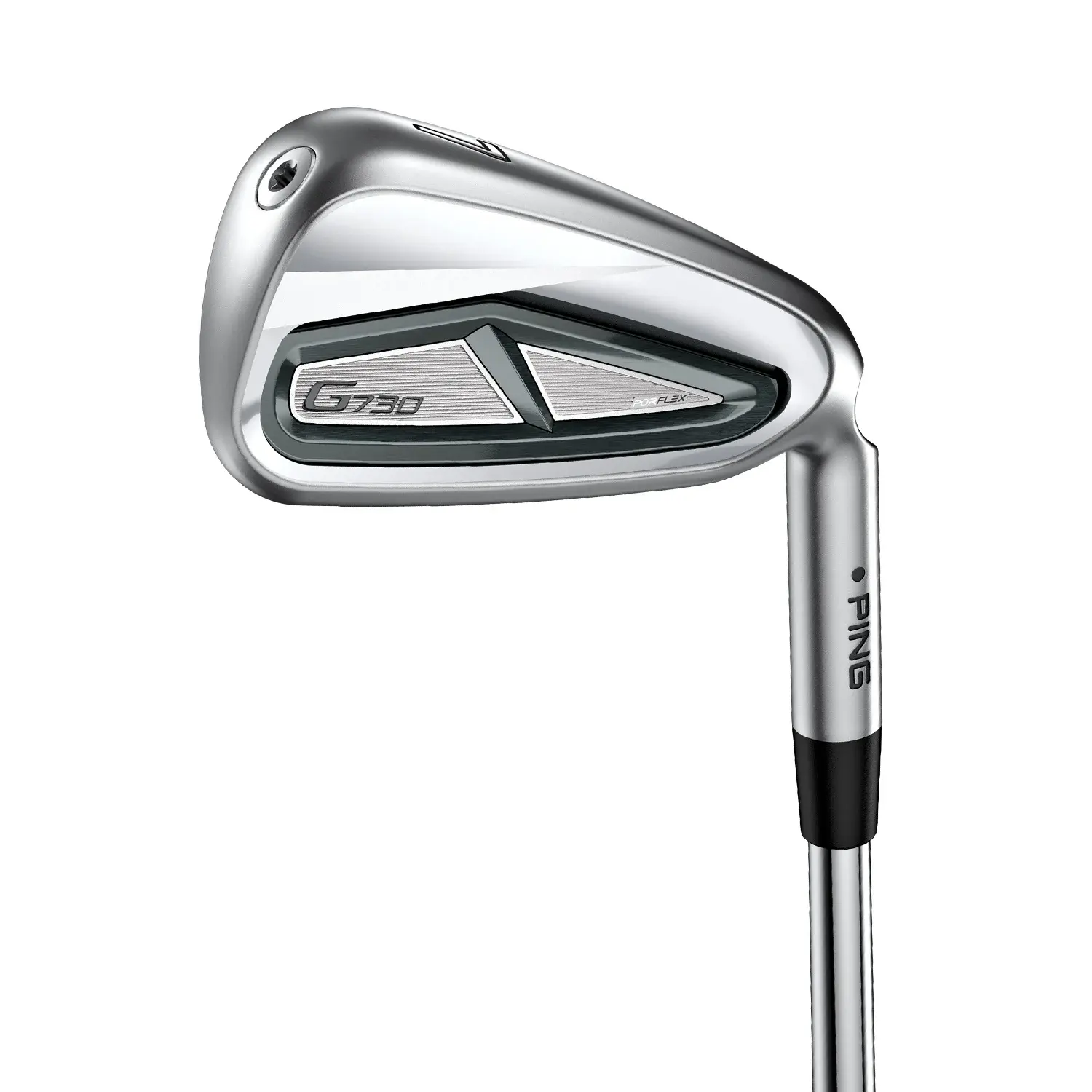 Golfklubba av järntyp, modell PING G730, visas från sidan med silverfärgad design och tydlig märkning på klubbhuvudet.