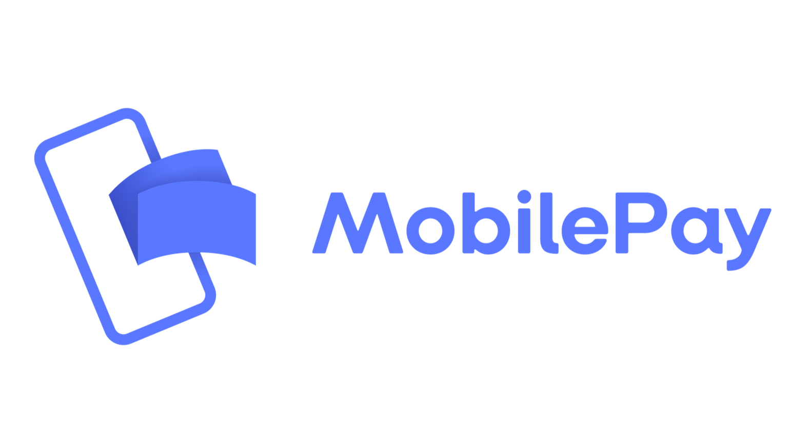Logo: Blå, stiliseret mobiltelefon med et buet papir og teksten "MobilePay" i blåt.
