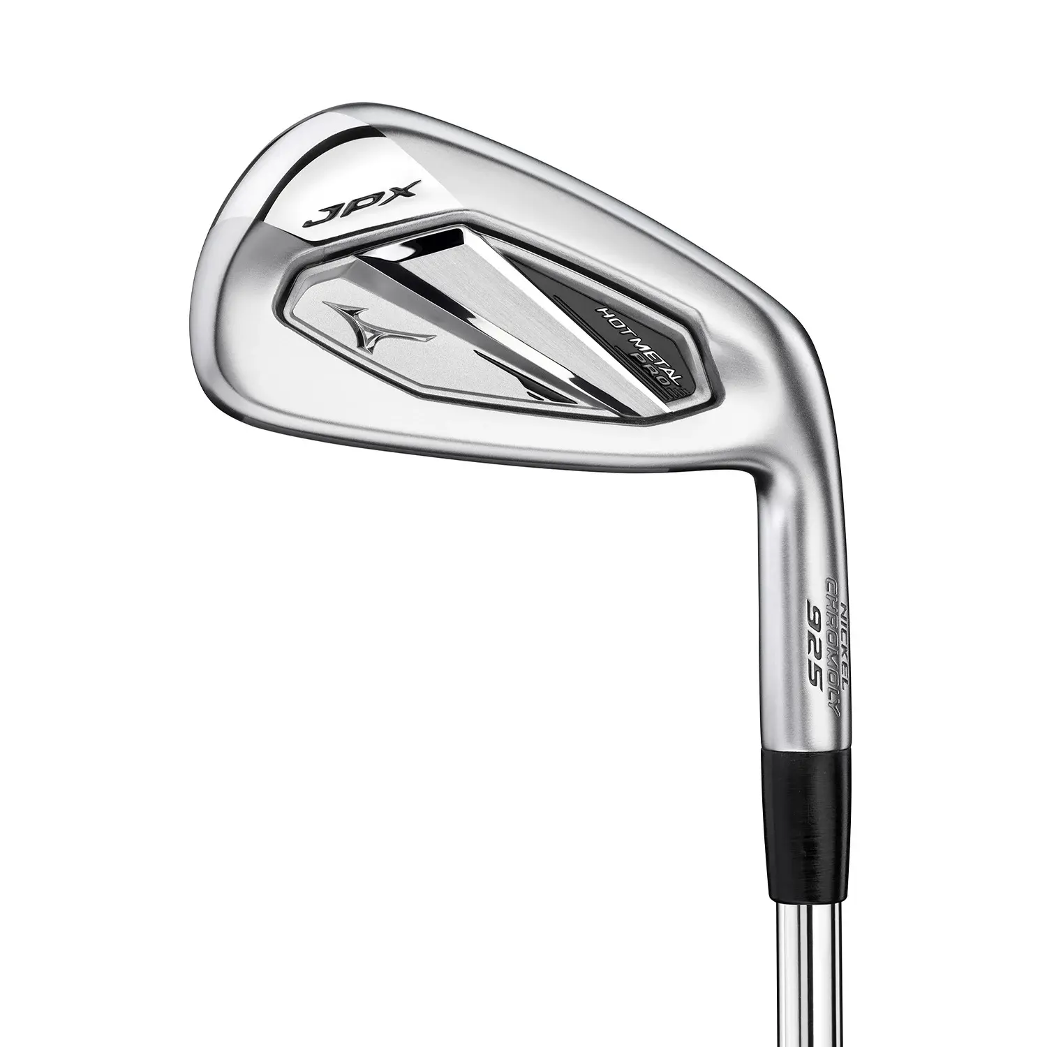 Golfklubba av typen järn, modell Mizuno JPX 923 Hot Metal, i silver med svart text och logotyp mot vit bakgrund.