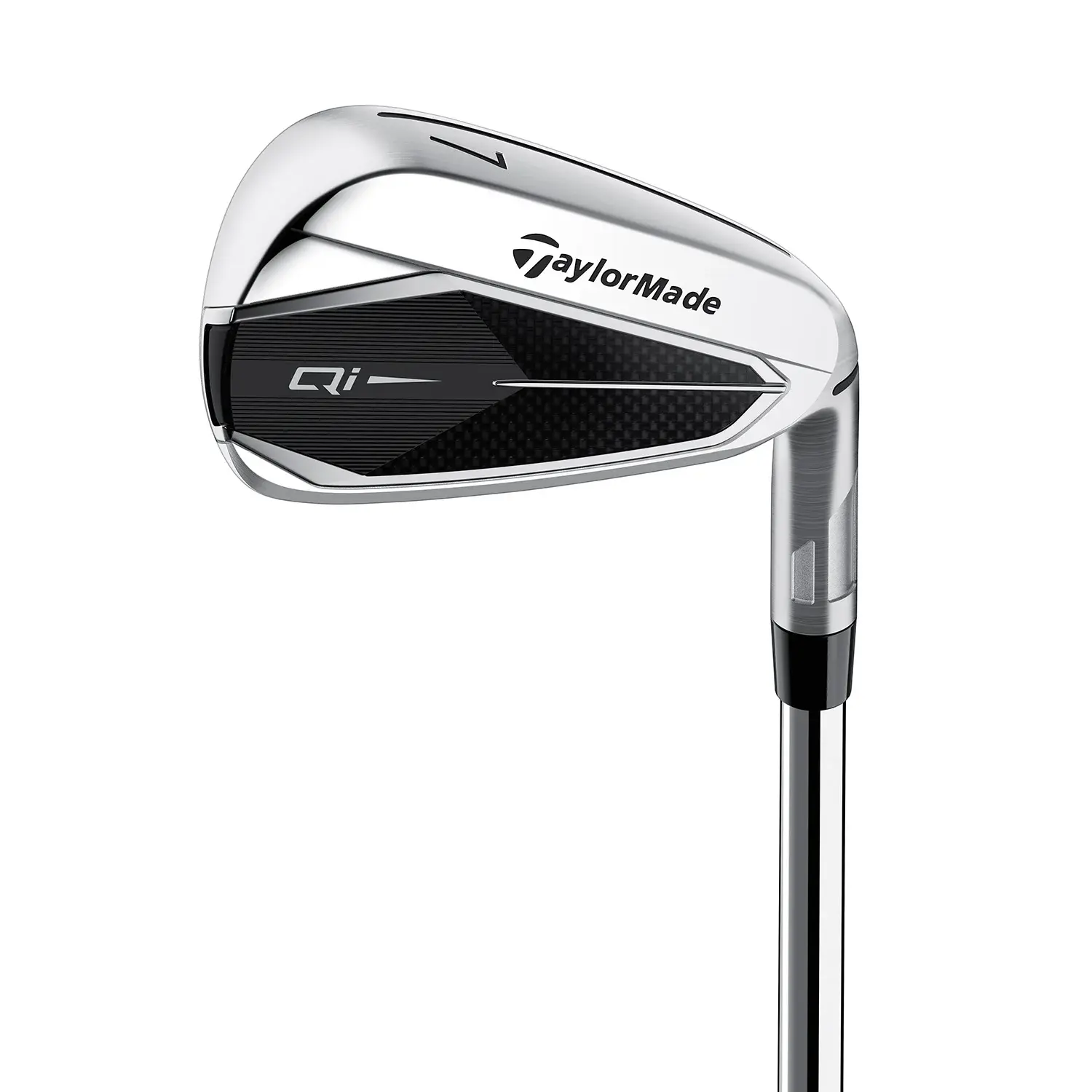 TaylorMade Qi järnklubba med silver- och svart design, klubbhuvudet visar tydligt varumärket och modellnamnet.
