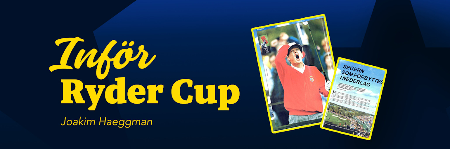 Text: "Inför Ryder Cup Joakim Haeggman". Två tidningssidor med golfmotiv och rubriken "Segern som förbyttes i nederlag" mot blå bakgrund.