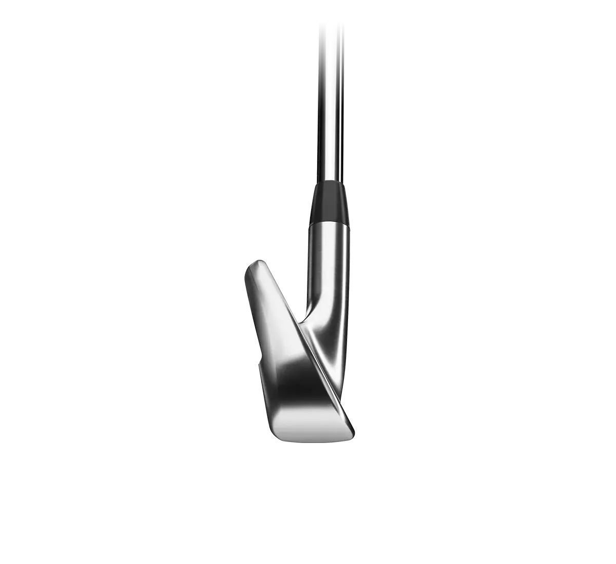 En golfklubba i metall visas från sidan med klubbhuvudet riktat nedåt mot en vit bakgrund.