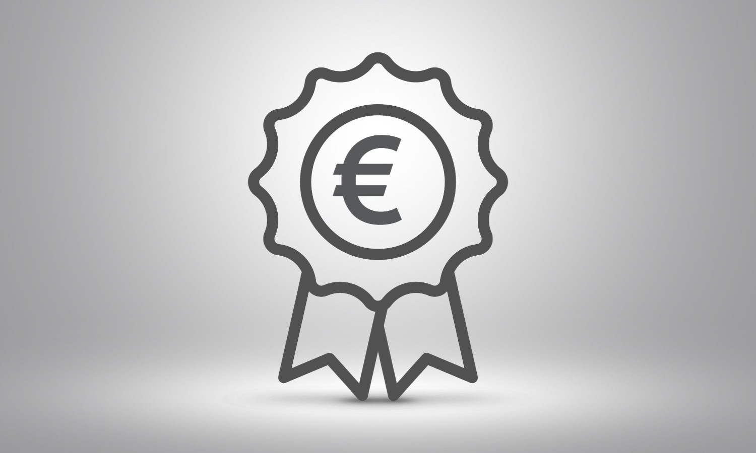 A black and white emblem with a euro symbol in the centre and two ribbons, set against a light grey background.