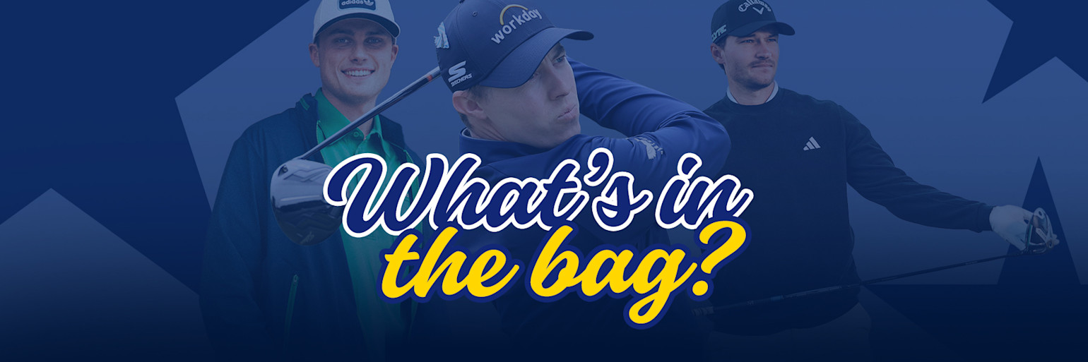 Tre golfspelare poserar och svingar golfklubbor mot en blå bakgrund med texten "What's in the bag?" i mitten.