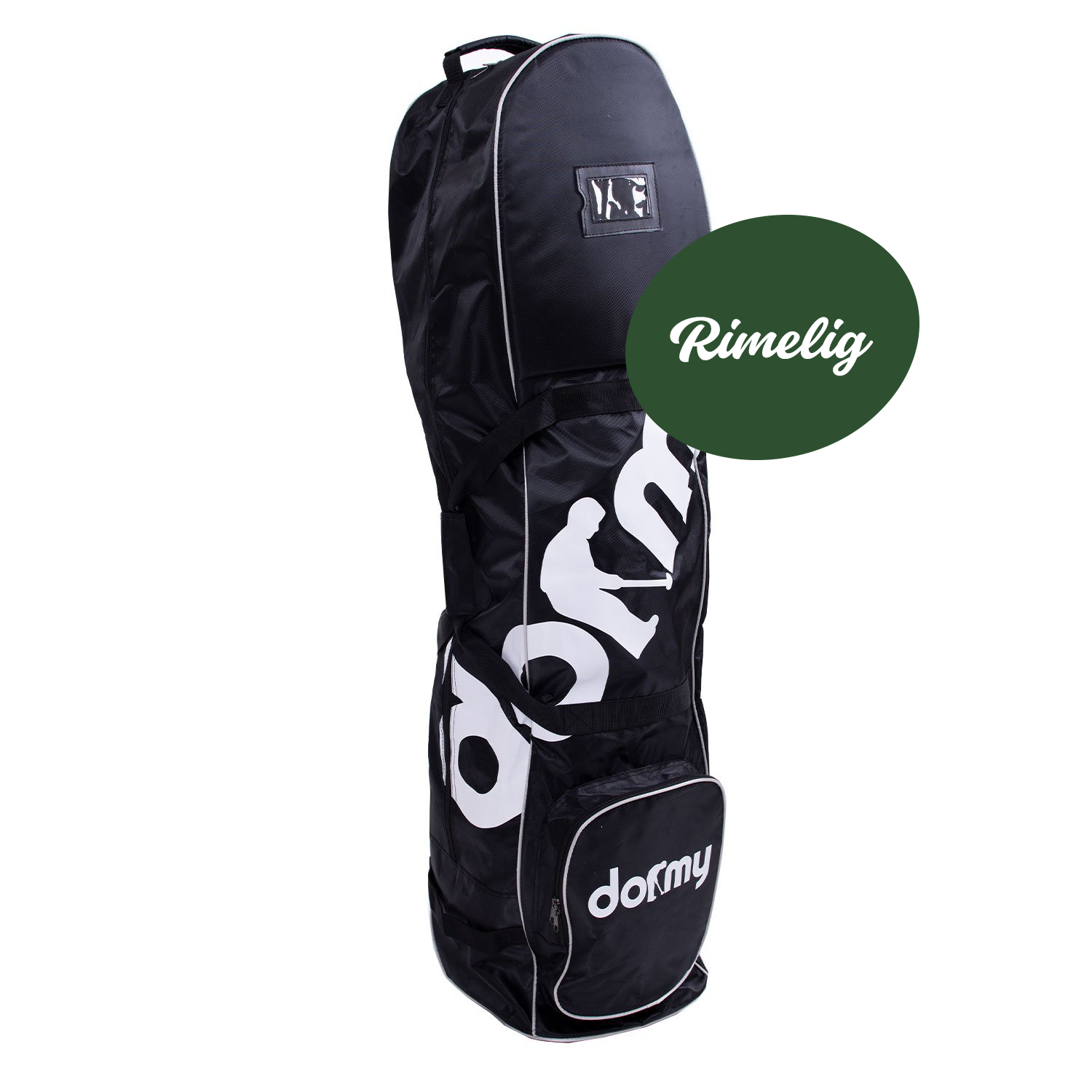 Sort golfrejseetui med hvid tekst "dormy" på siden og frontlomme, stående mod hvid baggrund.