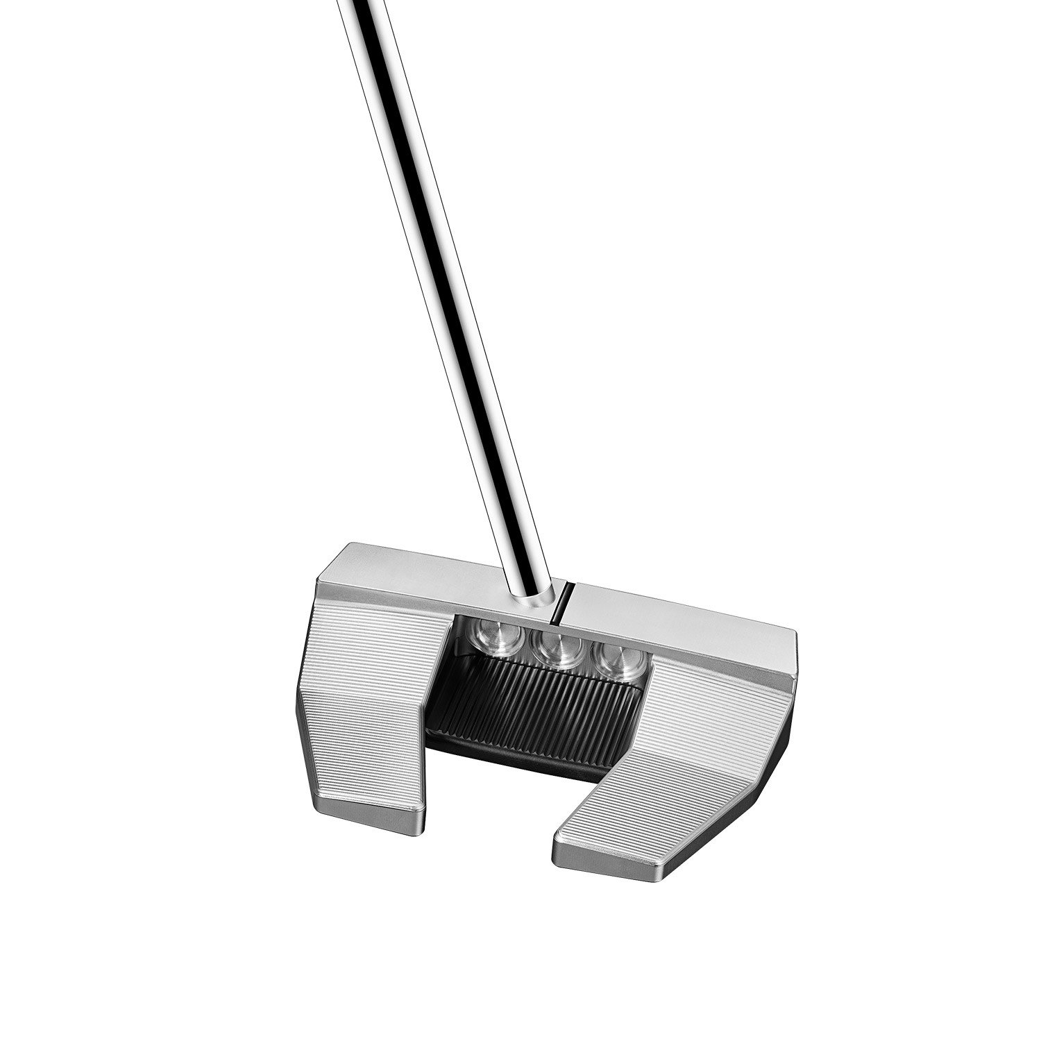 Silver-coloured golf putter with a metal head and grooved striking face, standing against a white background.