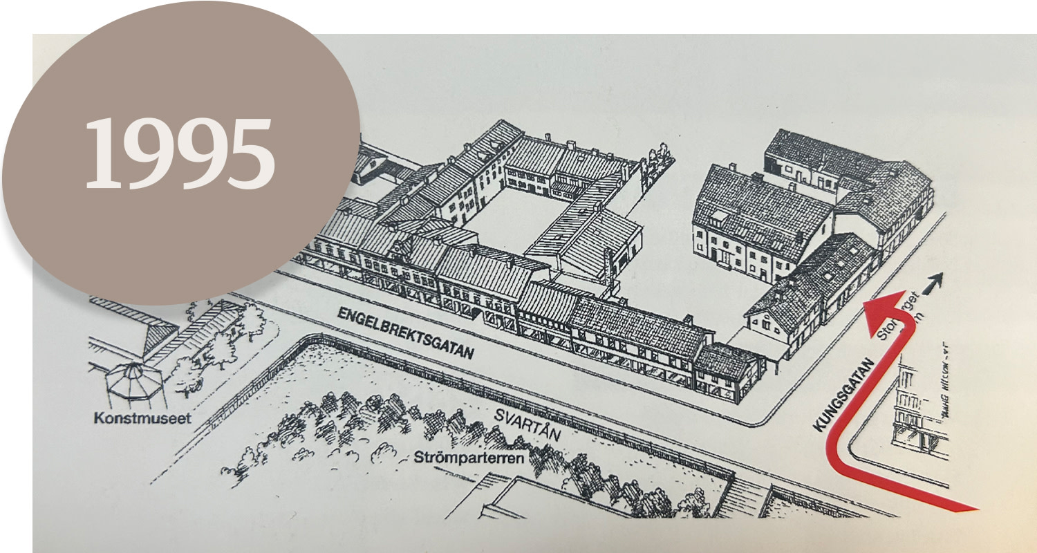 Map of buildings at Engelbrektsgatan and Kungsgatan, with a red arrow pointing towards Stortorget and a large circle with the text "1995".